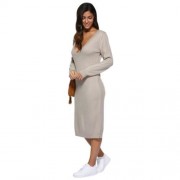 SEXY PLUNGING NECK PURE COLOR LOOSE SWEATER DRESS FOR WOMEN (LIGHT GRAY)