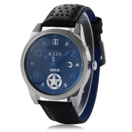 6.11 010B FASHION MALE QUARTZ WATCH WITH BREATHABLE HOLES GENUINE LEATHER STRAP (BLUE)