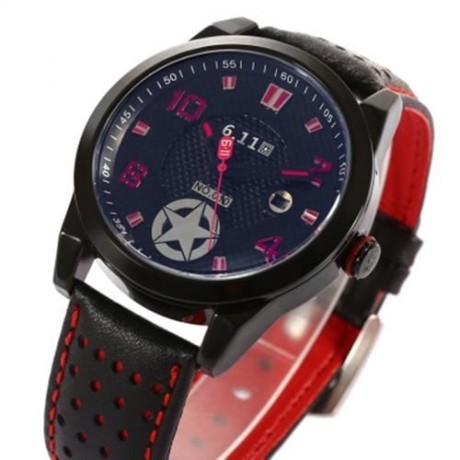 6.11 010B FASHION MALE QUARTZ WATCH WITH BREATHABLE HOLES GENUINE LEATHER STRAP (RED)