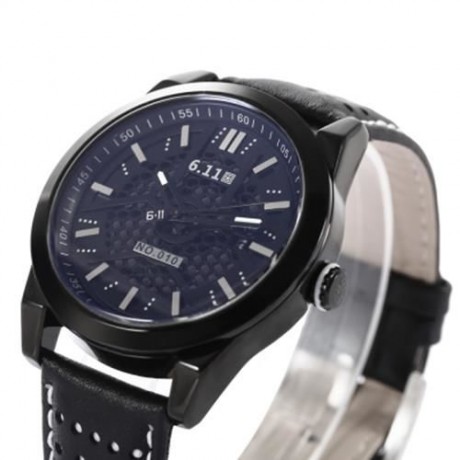 6.11 010C FASHION MALE QUARTZ WATCH WITH BREATHABLE HOLES GENUINE LEATHER STRAP (BLACK)