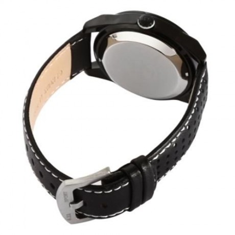 6.11 010C FASHION MALE QUARTZ WATCH WITH BREATHABLE HOLES GENUINE LEATHER STRAP (BLACK)