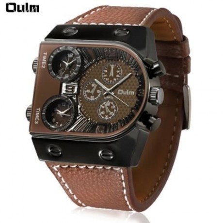 OULM MULTI-FUNCTION 3-MOVT QUARTZ LEATHER WRISTWATCH MEN MILITARY SPORTS WATCH (BROWN)