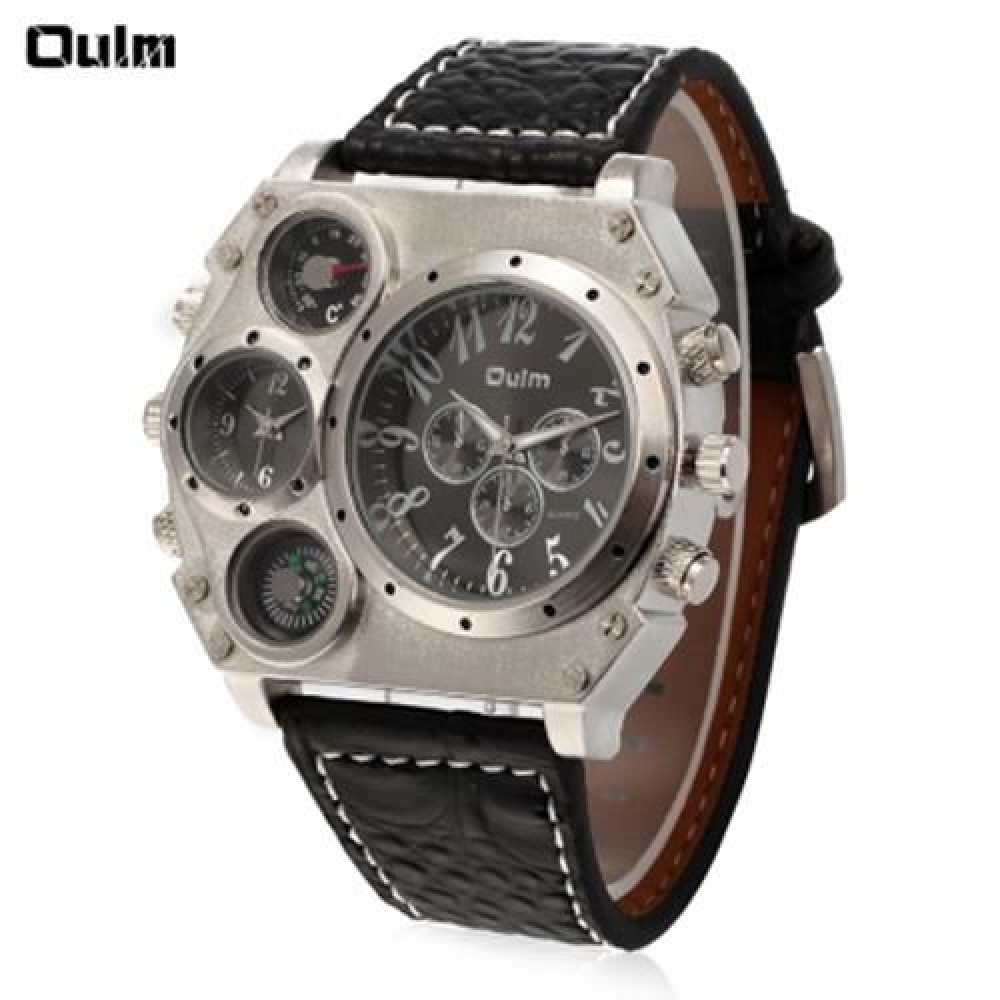 OULM QUARTZ WATCH WITH TWO TIME SQUARE WHITE DIAL BLACK LEATHER WATCHBAND FOR MEN (BLACK)