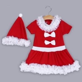 2PCS GIRL CHILD CHARMING CHRISTMAS GIFT LACE BOWKNOT RUFFLE ROUND COLLAR SHORT SLEEVE SKIR