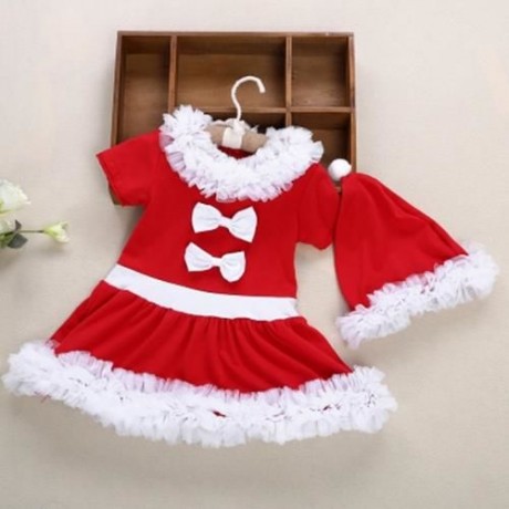 2PCS GIRL CHILD CHARMING CHRISTMAS GIFT LACE BOWKNOT RUFFLE ROUND COLLAR SHORT SLEEVE SKIR