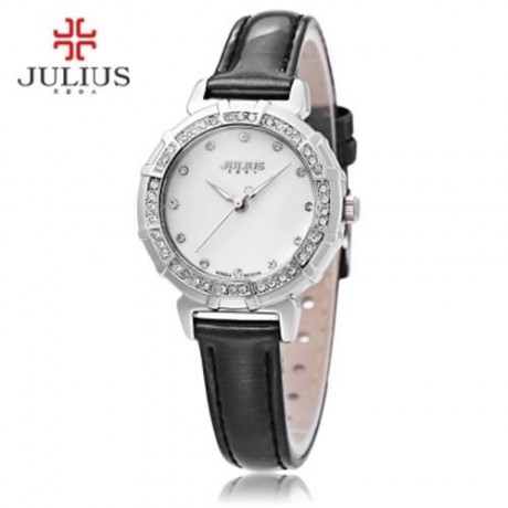 JULIUS JA - 757 WOMEN QUARTZ WATCH 3ATM RHINESTONE DIAL BEZEL SLENDER GENUINE LEATHER BAND