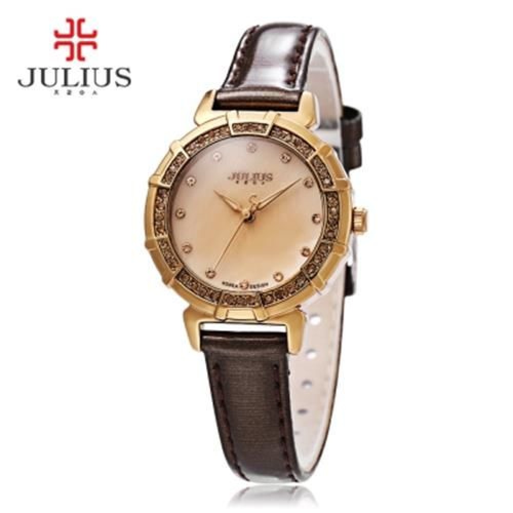 JULIUS JA - 757 WOMEN QUARTZ WATCH 3ATM RHINESTONE DIAL BEZEL SLENDER GENUINE LEATHER BAND