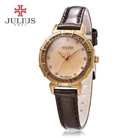 JULIUS JA - 757 WOMEN QUARTZ WATCH 3ATM RHINESTONE DIAL BEZEL SLENDER GENUINE LEATHER BAND