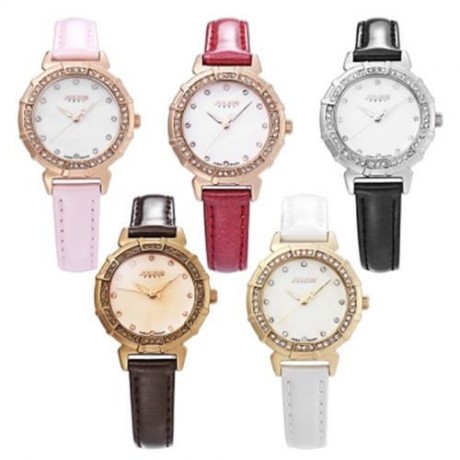 JULIUS JA - 757 WOMEN QUARTZ WATCH 3ATM RHINESTONE DIAL BEZEL SLENDER GENUINE LEATHER BAND