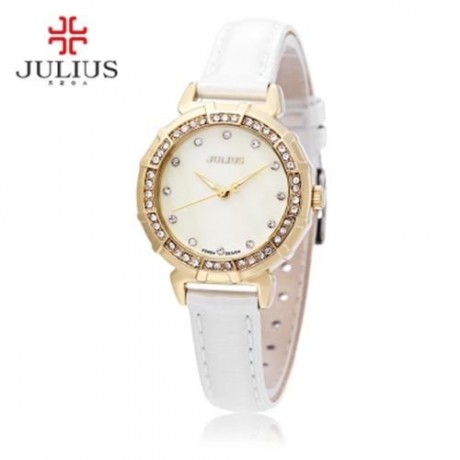 JULIUS JA - 757 WOMEN QUARTZ WATCH 3ATM RHINESTONE DIAL BEZEL SLENDER GENUINE LEATHER BAND