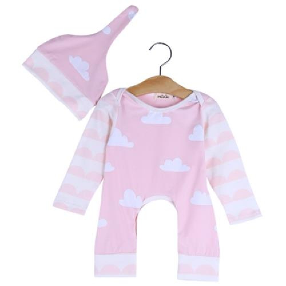 BABY CLOUD PRINT COTTON BLEND ROUND COLLAR LONG SLEEVE ROMPER WITH HAT (PINK)