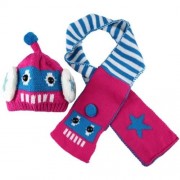 2PCS CUTE BABY CHILD ROBOT SHAPE STAR SMILE FACE HAT STRIPED SCARF (ROSE MADDER)