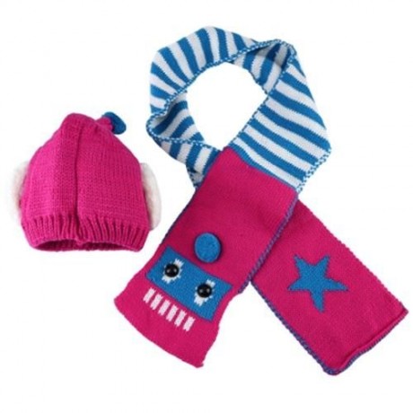 2PCS CUTE BABY CHILD ROBOT SHAPE STAR SMILE FACE HAT STRIPED SCARF (ROSE MADDER)