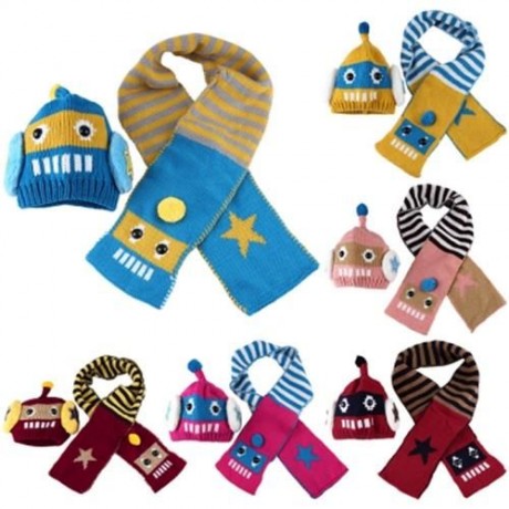 2PCS CUTE BABY CHILD ROBOT SHAPE STAR SMILE FACE HAT STRIPED SCARF (ROSE MADDER)