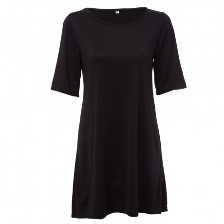 SIMPLE ROUND COLLAR HALF SLEEVE A-LINE BLACK DRESS FOR LADIES