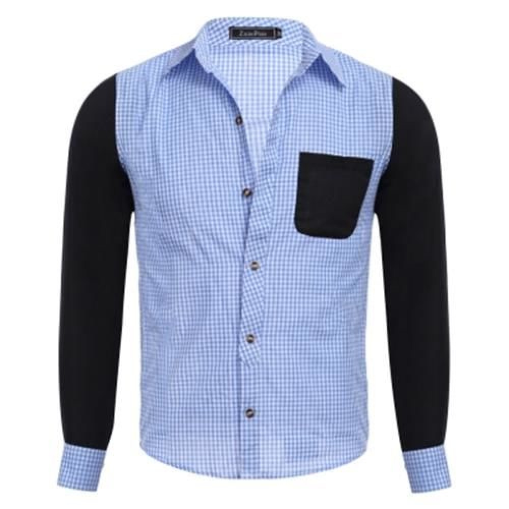 CASUAL GRID DESIGN COLOR BLOCK MALE LONG SLEEVE SHIRT (BLUE)