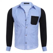 CASUAL GRID DESIGN COLOR BLOCK MALE LONG SLEEVE SHIRT (BLUE)
