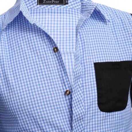CASUAL GRID DESIGN COLOR BLOCK MALE LONG SLEEVE SHIRT (BLUE)