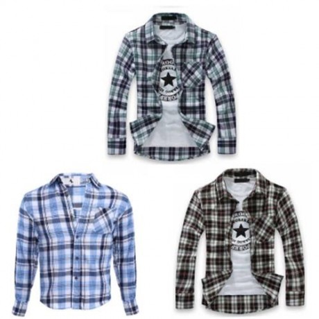 CASUAL GRID DESIGN SLIM FIT MALE LONG SLEEVE SHIRT (AZURE)