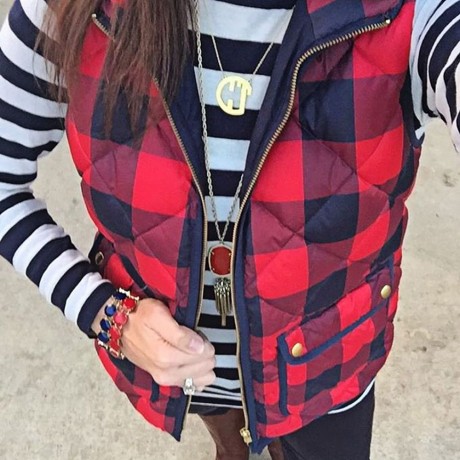 STAND COLLAR PLAID PRINT ZIPPERED WOMEN DOWN VEST
