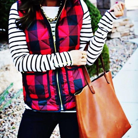 STAND COLLAR PLAID PRINT ZIPPERED WOMEN DOWN VEST