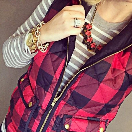 STAND COLLAR PLAID PRINT ZIPPERED WOMEN DOWN VEST