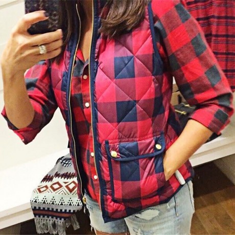 STAND COLLAR PLAID PRINT ZIPPERED WOMEN DOWN VEST