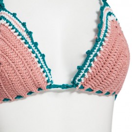 SEXY HALTER COLOR BLOCK SPLICED KNITTED WOMEN BIKINI SET