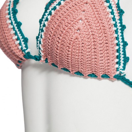 SEXY HALTER COLOR BLOCK SPLICED KNITTED WOMEN BIKINI SET