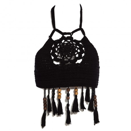 RETRO STYLE HALTER HOLLOW OUT KNITTED FRINGED WOMEN BIKINI TOP