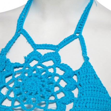 RETRO STYLE HALTER HOLLOW OUT KNITTED FRINGED WOMEN BIKINI TOP