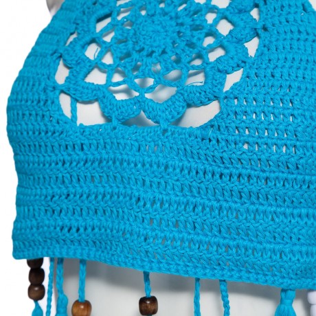 RETRO STYLE HALTER HOLLOW OUT KNITTED FRINGED WOMEN BIKINI TOP