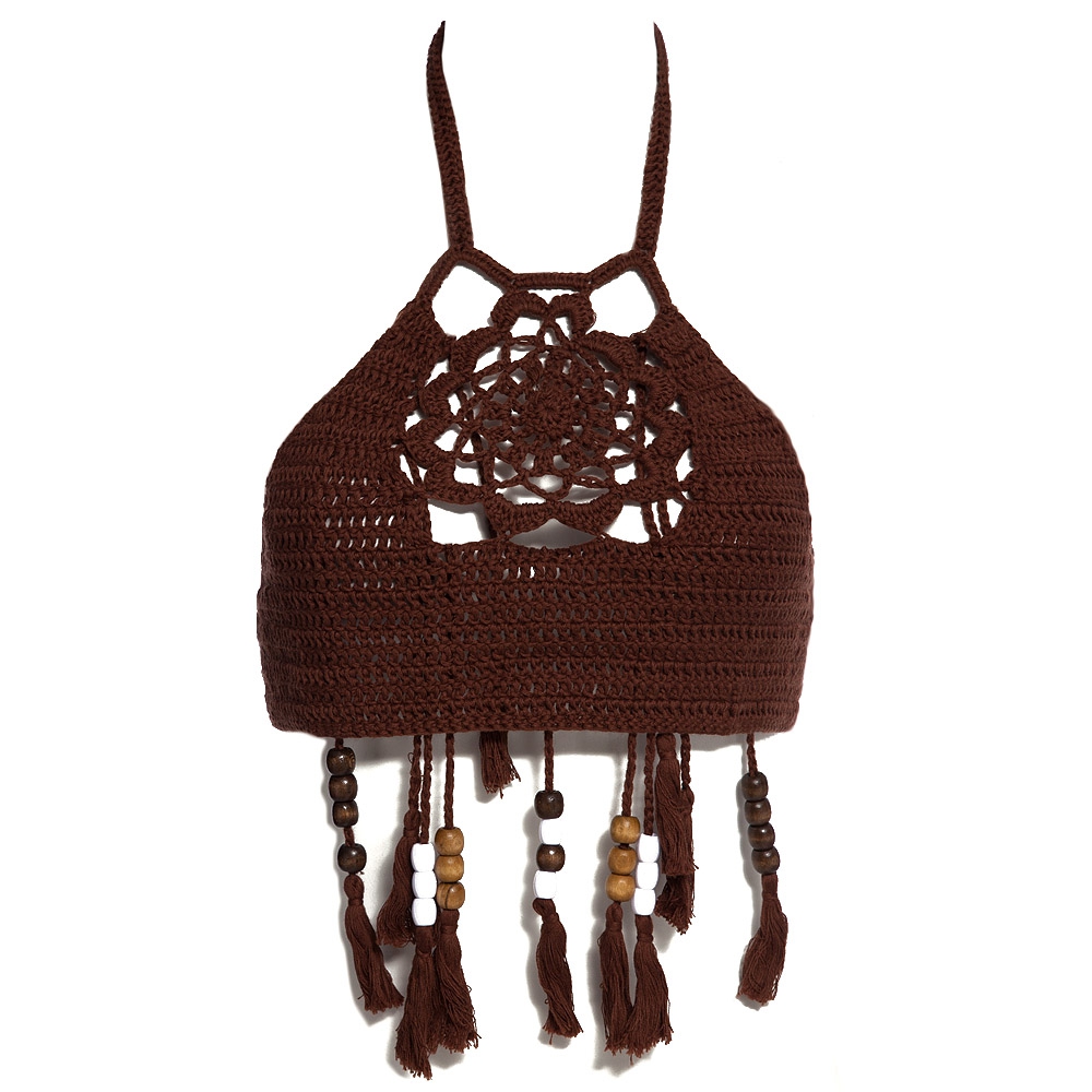 RETRO STYLE HALTER HOLLOW OUT KNITTED FRINGED WOMEN BIKINI TOP