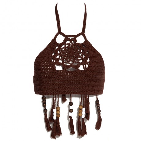 RETRO STYLE HALTER HOLLOW OUT KNITTED FRINGED WOMEN BIKINI TOP
