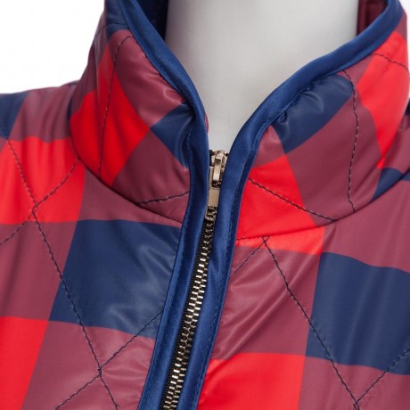 STAND COLLAR PLAID PRINT ZIPPERED WOMEN DOWN VEST