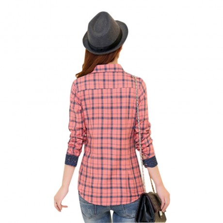 SWEET TURN DOWN COLLAR LONG SLEEVE PLAID PRINT SHIRT FOR WOMEN