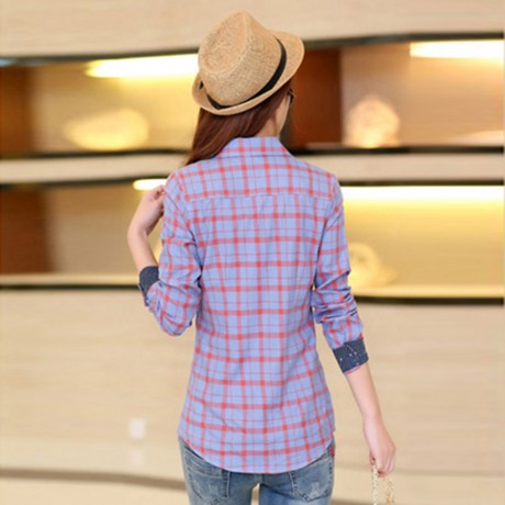 SWEET TURN DOWN COLLAR LONG SLEEVE PLAID PRINT SHIRT FOR WOMEN