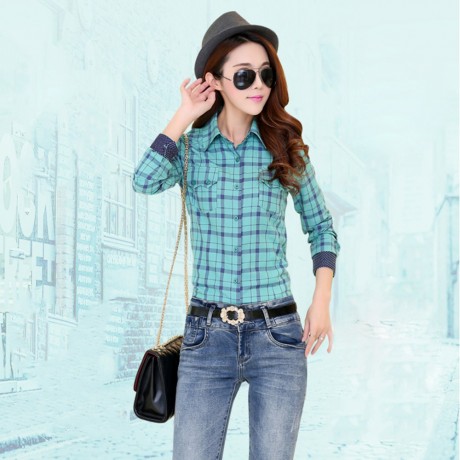 SWEET TURN DOWN COLLAR LONG SLEEVE PLAID PRINT SHIRT FOR WOMEN
