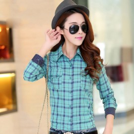 SWEET TURN DOWN COLLAR LONG SLEEVE PLAID PRINT SHIRT FOR WOMEN