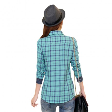 SWEET TURN DOWN COLLAR LONG SLEEVE PLAID PRINT SHIRT FOR WOMEN