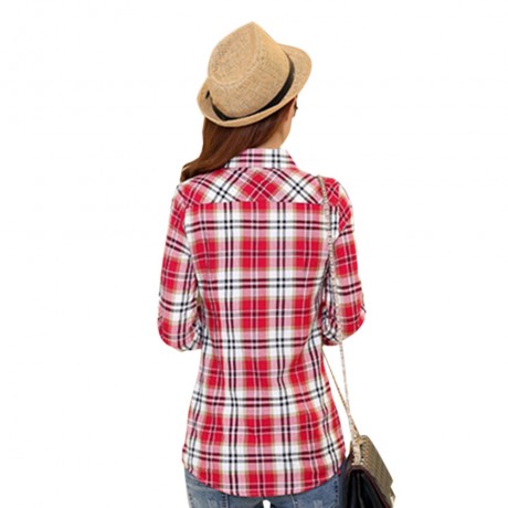 PREPPY SHIRT COLLAR LONG SLEEVE PLAID PRINT COLOR BLOCK SHIRT FOR WOMEN