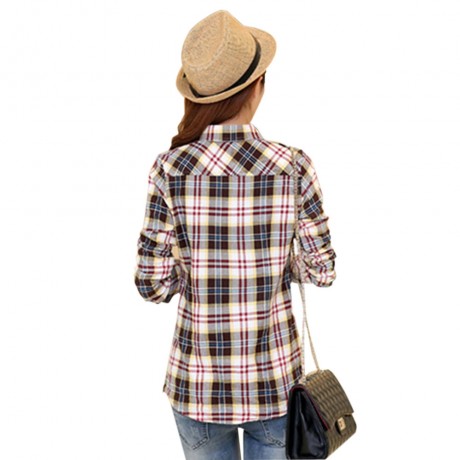 PREPPY SHIRT COLLAR LONG SLEEVE PLAID PRINT COLOR BLOCK SHIRT FOR WOMEN
