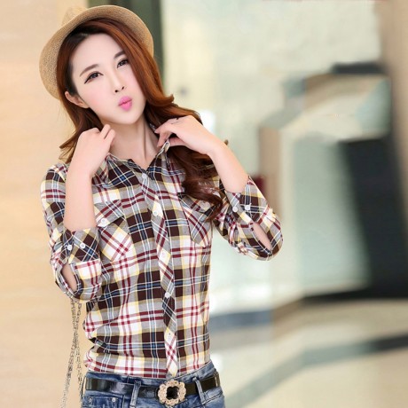 PREPPY SHIRT COLLAR LONG SLEEVE PLAID PRINT COLOR BLOCK SHIRT FOR WOMEN