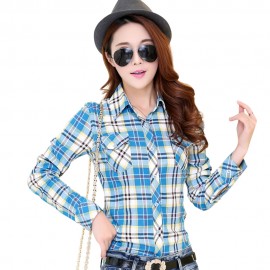 PREPPY SHIRT COLLAR LONG SLEEVE PLAID PRINT COLOR BLOCK SHIRT FOR WOMEN