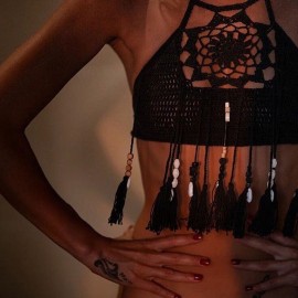 RETRO STYLE HALTER HOLLOW OUT KNITTED FRINGED WOMEN BIKINI TOP