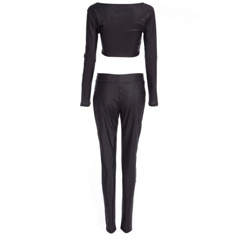 TRENDY ROUND COLLAR LONG SLEEVE CROP TOP   ELASTIC WAIST POKER PRINT LEGGINGS  LEGGINGS FO