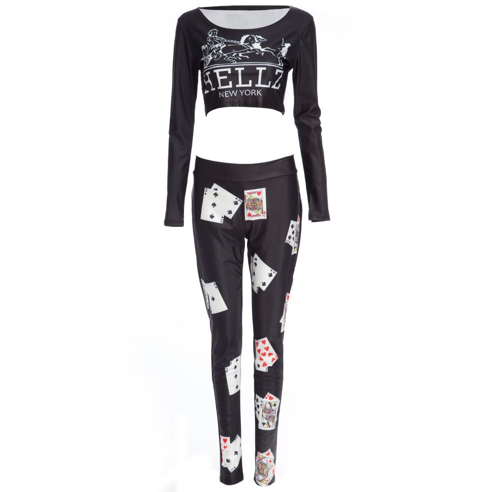 TRENDY ROUND COLLAR LONG SLEEVE CROP TOP ELASTIC WAIST POKER PRINT LEGGINGS LEGGINGS FO TRENDY ROUND COLLAR LONG SLEEVE CROP TOP ELASTIC WAIST POKER PRINT LEGGINGS LEGGINGS FO