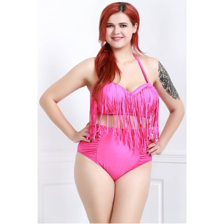 SOLID COLOR HIGH-WAISTED FRINGE DESIGN PLUS SIZE WOMEN'S BIKINI SET (BLACK, SIZE L/XL/2XL/