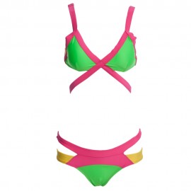 SEXY SPAGHETTI PUSH UP COLOR BLOCK LOW WAIST TWO PIECE SWIMWEAR FOR WOMEN