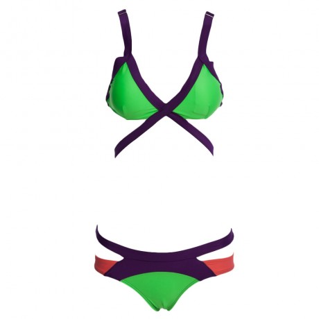 SEXY SPAGHETTI PUSH UP COLOR BLOCK LOW WAIST TWO PIECE SWIMWEAR FOR WOMEN